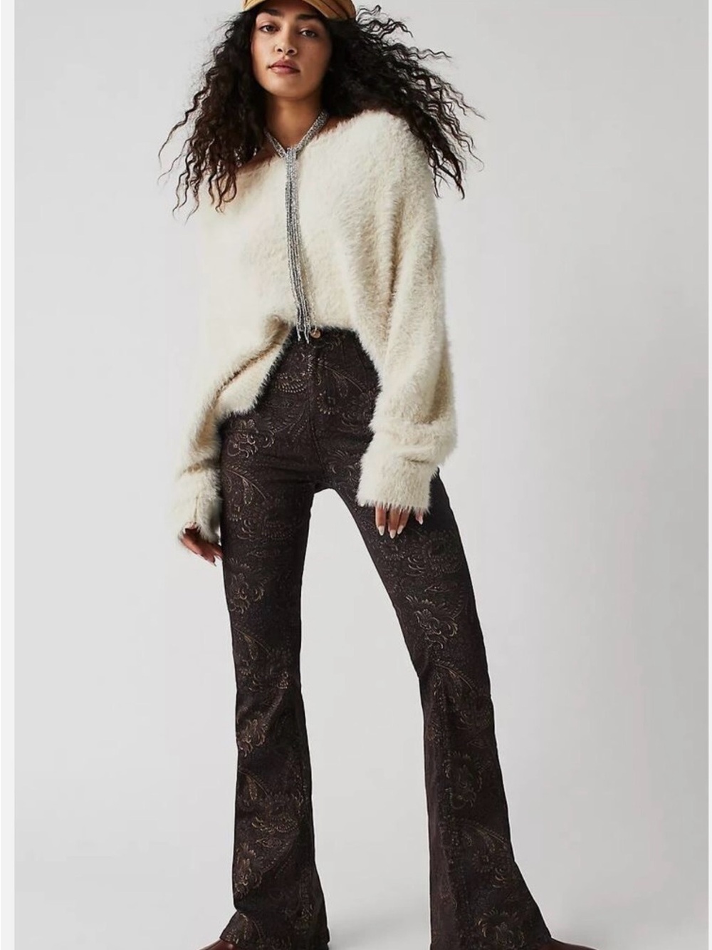 We The Free Brown with Gold Paisley Print Flare Jeans!